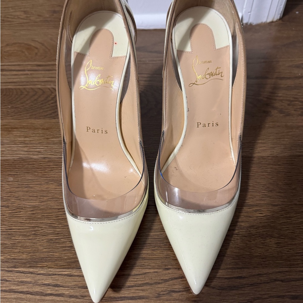 Christian Louboutin Cream Patent Pointed Toe Pumps with Clear Panel